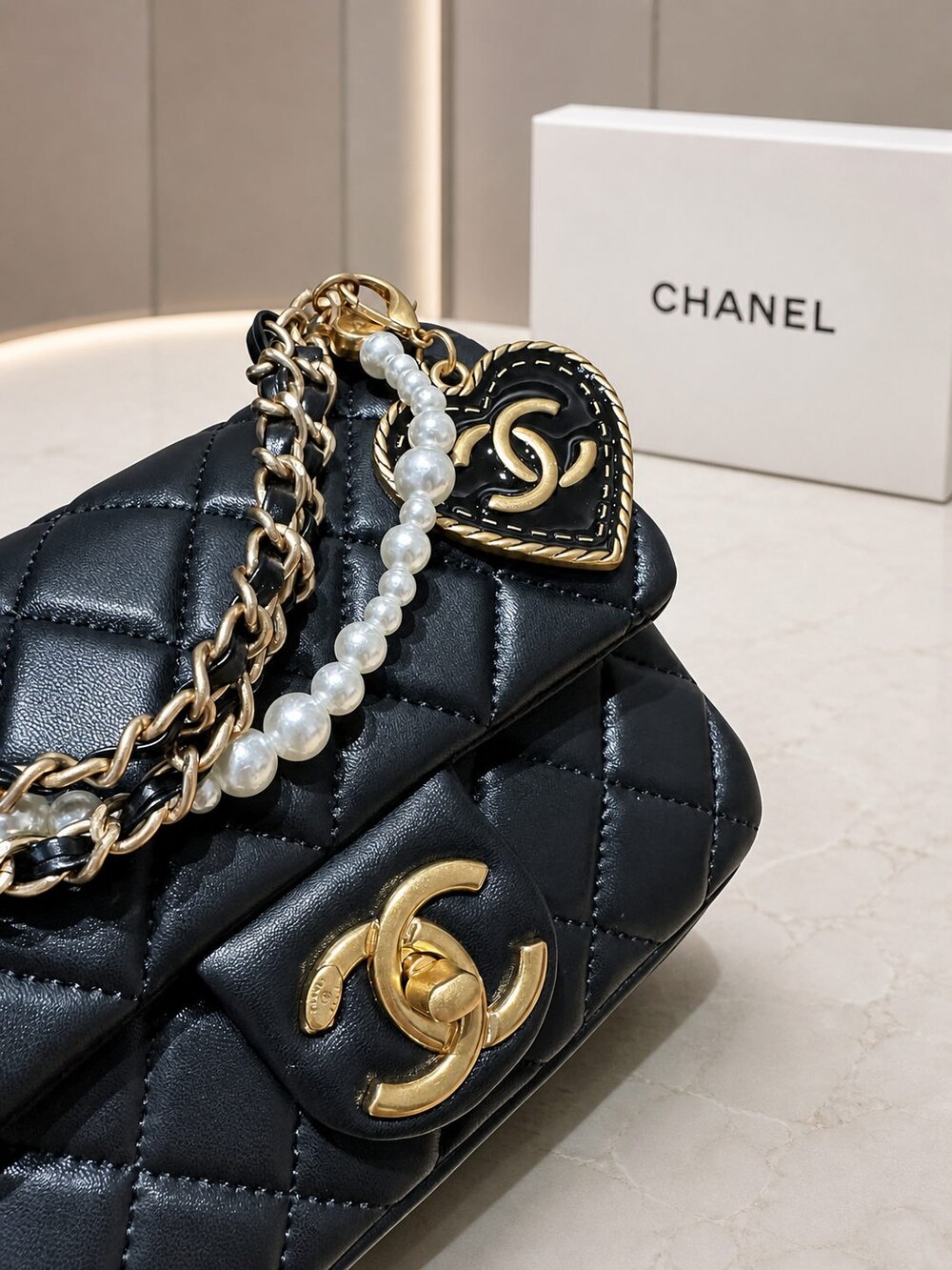 Chanel Mini Square Black Lambskin Pearl Chain Flap Bag - Picture 4 of 7
